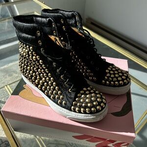 Jeffrey Campbell black pony hair with gold studs high top sneakers